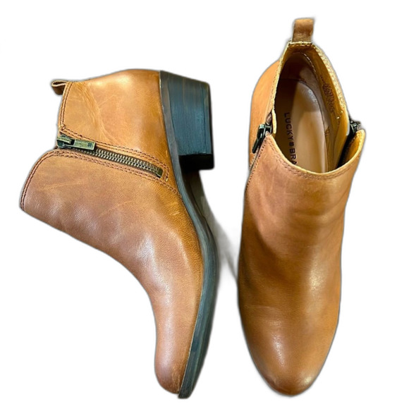 Lucky Brand Basel Bootie Toffee Brown Leather Zip Ankle Block Heel Women’s 9.5 M - Picture 1 of 9